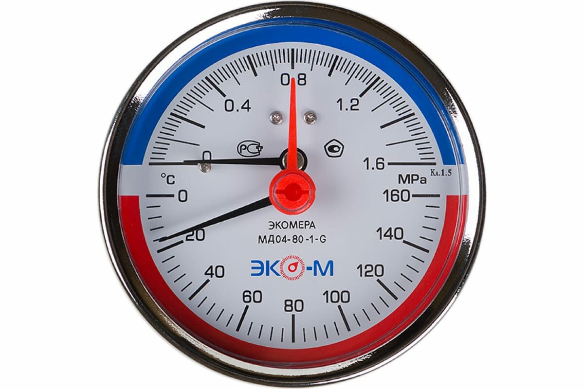 Термоманометр ЭКО-М Экомера с переходником на G1/2 осевой МД04-80-G-16МПа-120-L-40-ОИ