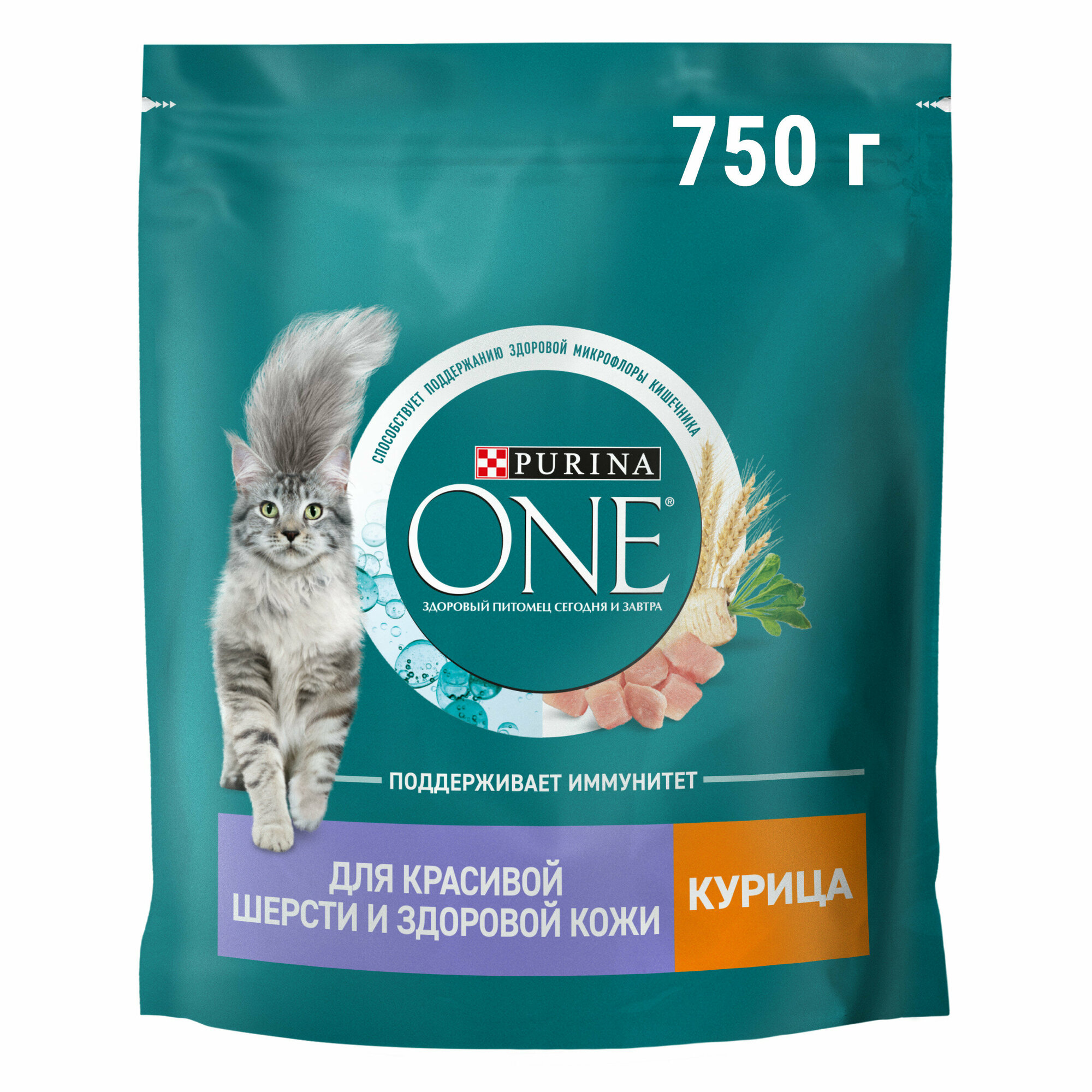 Сухой корм Purina ONE® полнорационный для взрослых кошек для красивой шерсти, здоровой кожи и контроля образования волосяных комков, с высоким содержанием курицы, 750 г