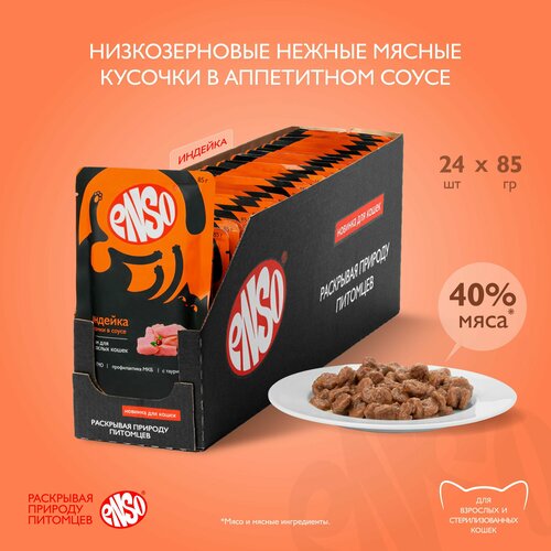 ENSO Корм влажный полнорационный для взрослых кошек, кусочки в соусе с индейкой, пауч 85г 24 шт.