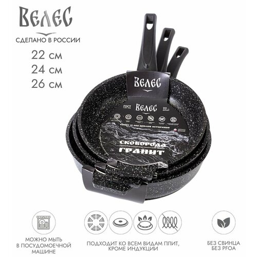 Набор сковородок 3шт22см24см26см с 7-слойным антипригарным ЭКО покрытием гранит велес 9400₽
