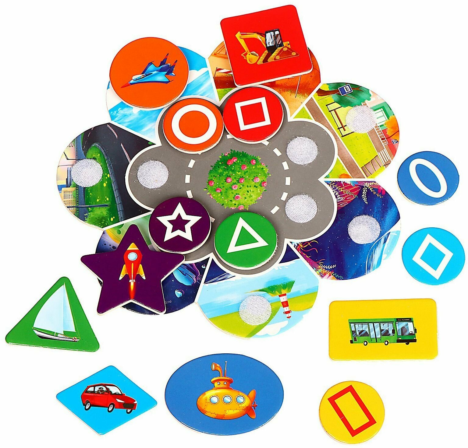 Игрушка на липучках "Цвет, форма, транспорт", развивающая игра-сортер на логику, 14 деталей