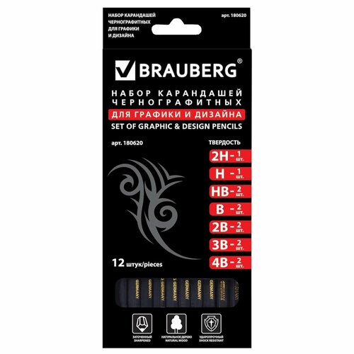 Карандаши простые Brauberg чернографитные 12 штук