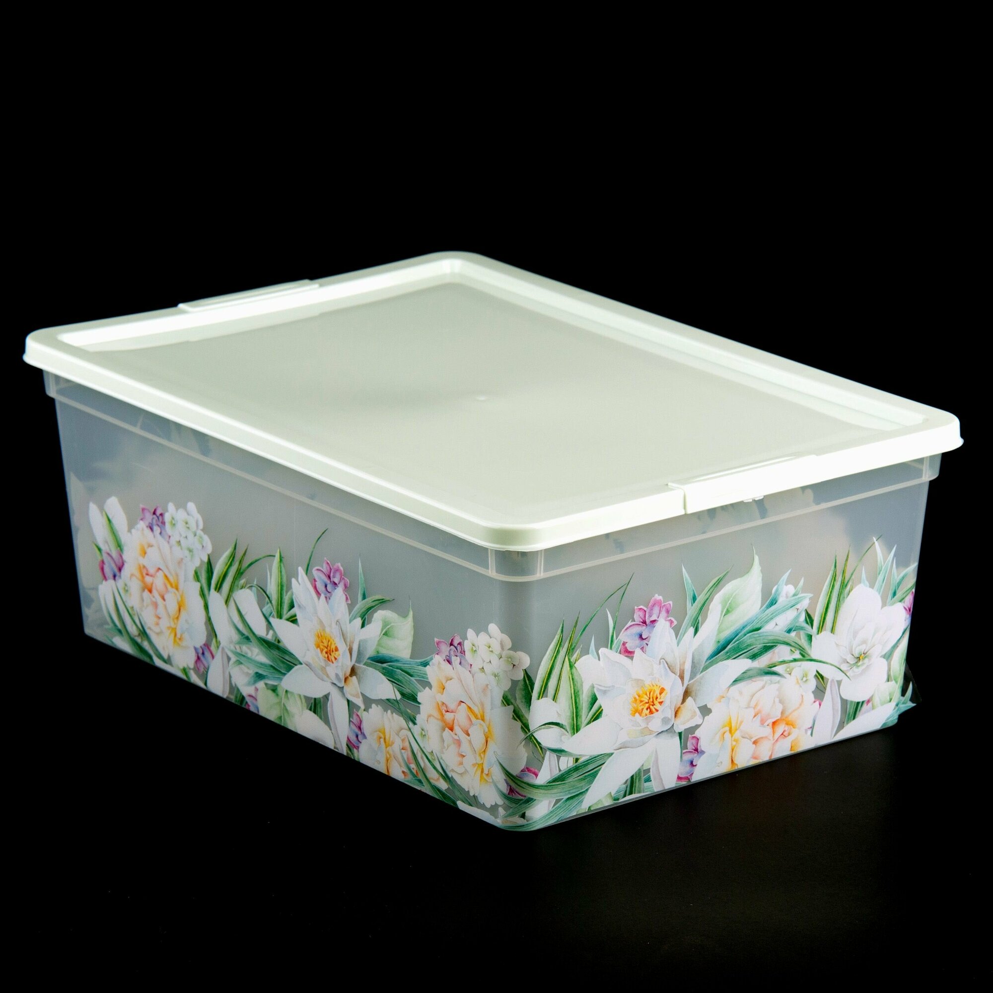 фото Контейнер для хранения 10 л прозрачный с крышкой, с рисунком Цветы