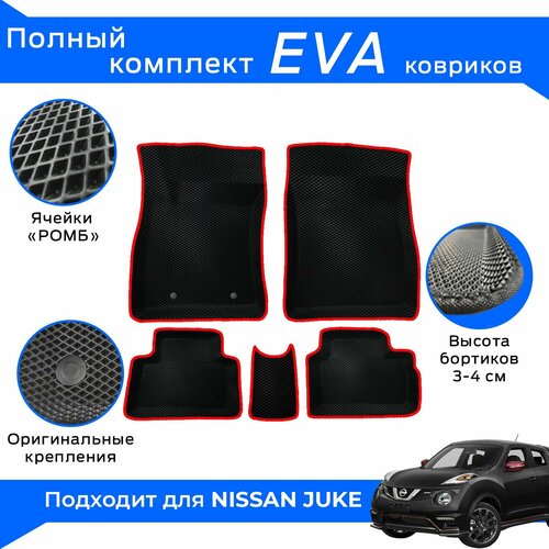 EVA коврики для Nissan Juke с бортами / Красные / Ниссан Жук / Эва-3Д, Eva-3D