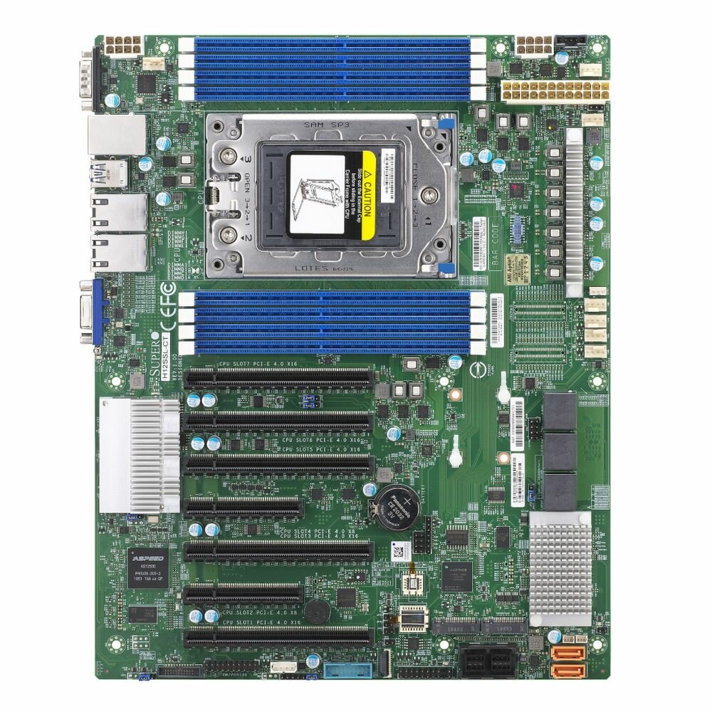 SuperMicro Материнская плата SuperMicro MBD-H12SSL-I-B Intelligent Platform Management Interface, Single AMD EPYC™ 7003/7002 Series Processor,2TB Registered ECC DDR4 3200MHz SDRAM in 8 DIMMs,5 PCI-E 4.0 x16,2 PCI-E 4.0 x8,8 SATA3, 2 M.2 MBD-H12SSL-I-B