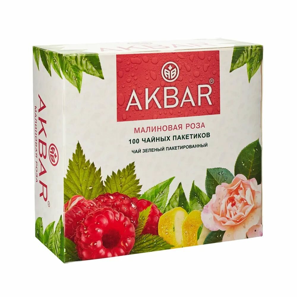 Чай AKBAR Малиновая Роза зеленый, листья малины, аромат цитрусовых, 100 шт