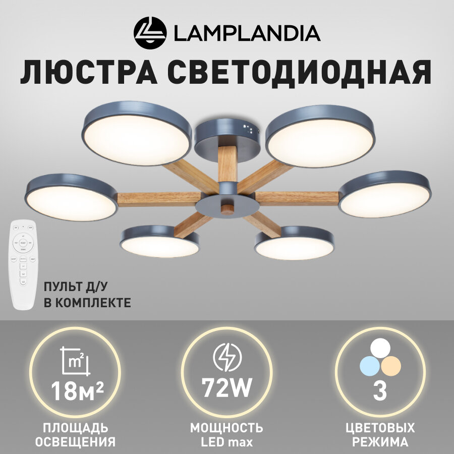 Люстра потолочная светодиодная с пультом Lamplandia L1165-6 CORTES GREY, LED 6*12Вт