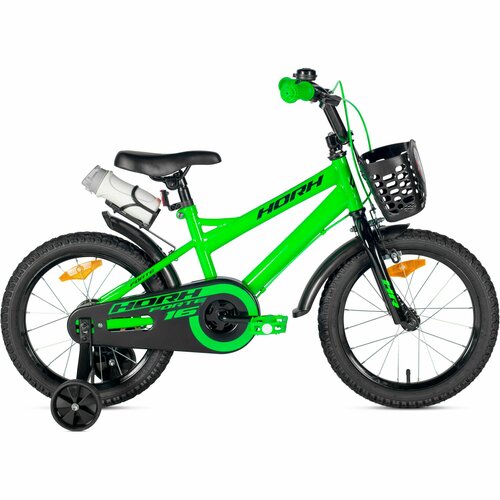 Велосипед детский городской HORH FORTE 16 2024 для детей от 4 лет до 6 лет стальная рама с защитой цепи звонком флягой корзиной 1 ск барабанный тормоза зеленыйчерный цвет рост 110-125 см 15242₽