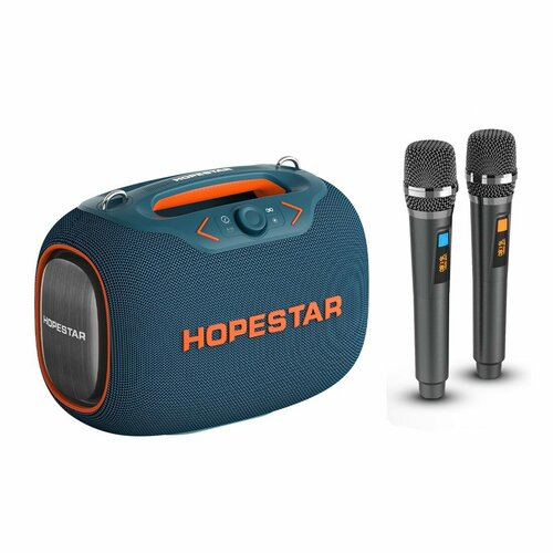 Портативная Bluetooth Колонка Hopestar Party Box с двумя беспроводными микрофонами мощность 120Втпортативная акустика блютуз колонка Синий 1450000₽
