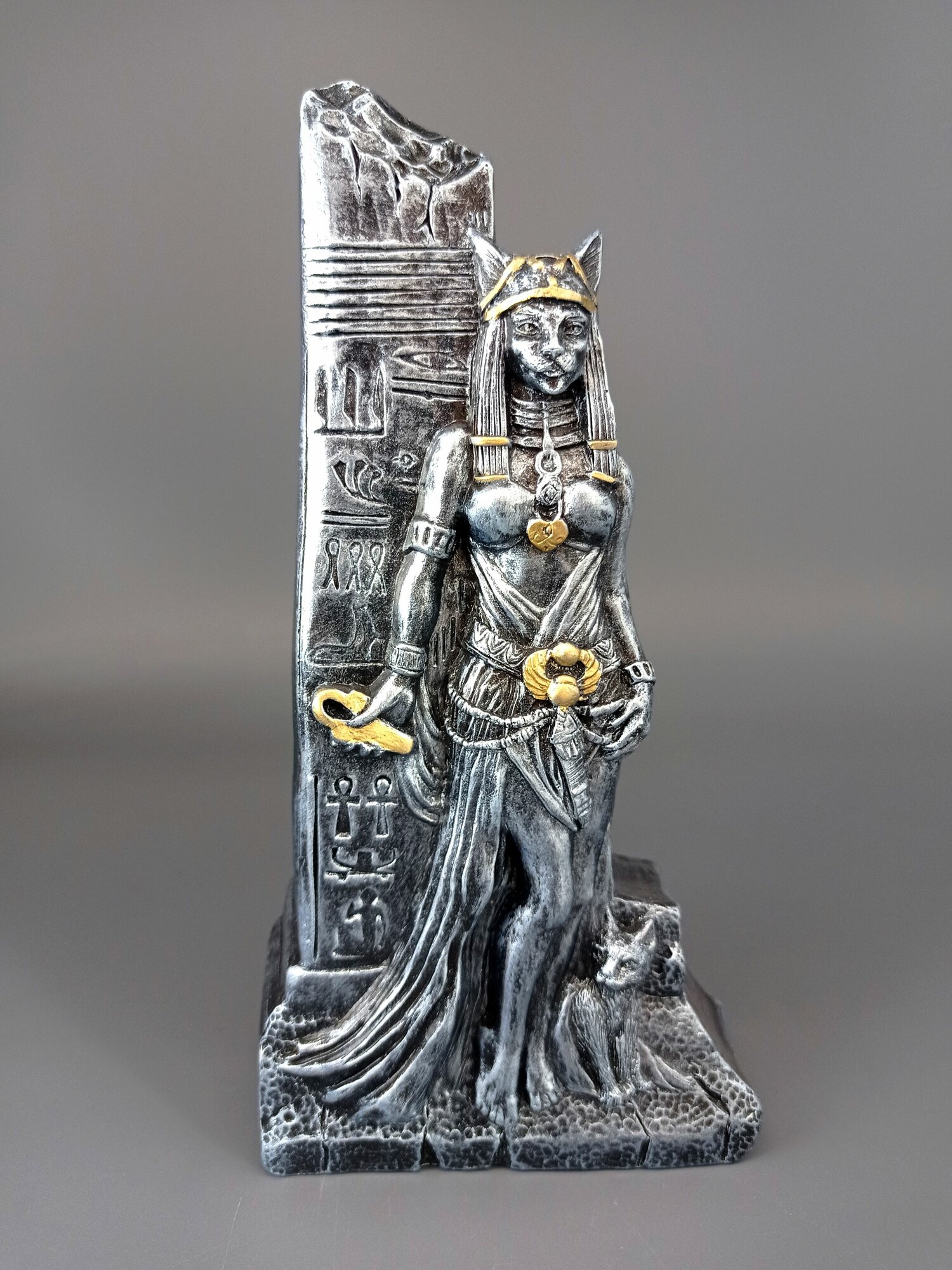 фото Бастет, статуэтка, Богиня Египта, жидкий камень, патина "Серебро"