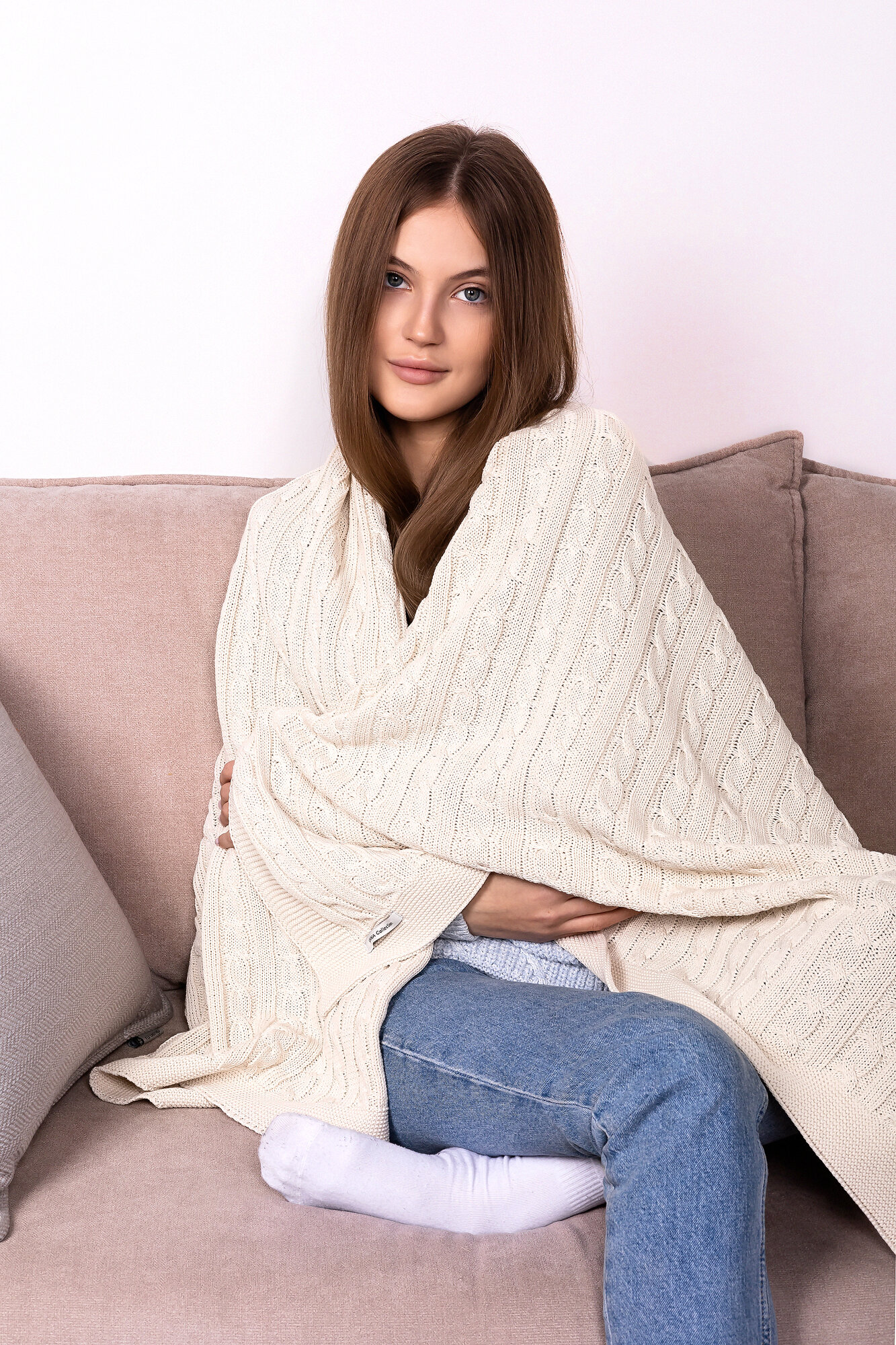 Плед, ANNA COLLECTON, одеяло, покрывало, для пикника, на кровать, на диван из натурального хлопка, молочный, 110х160 см