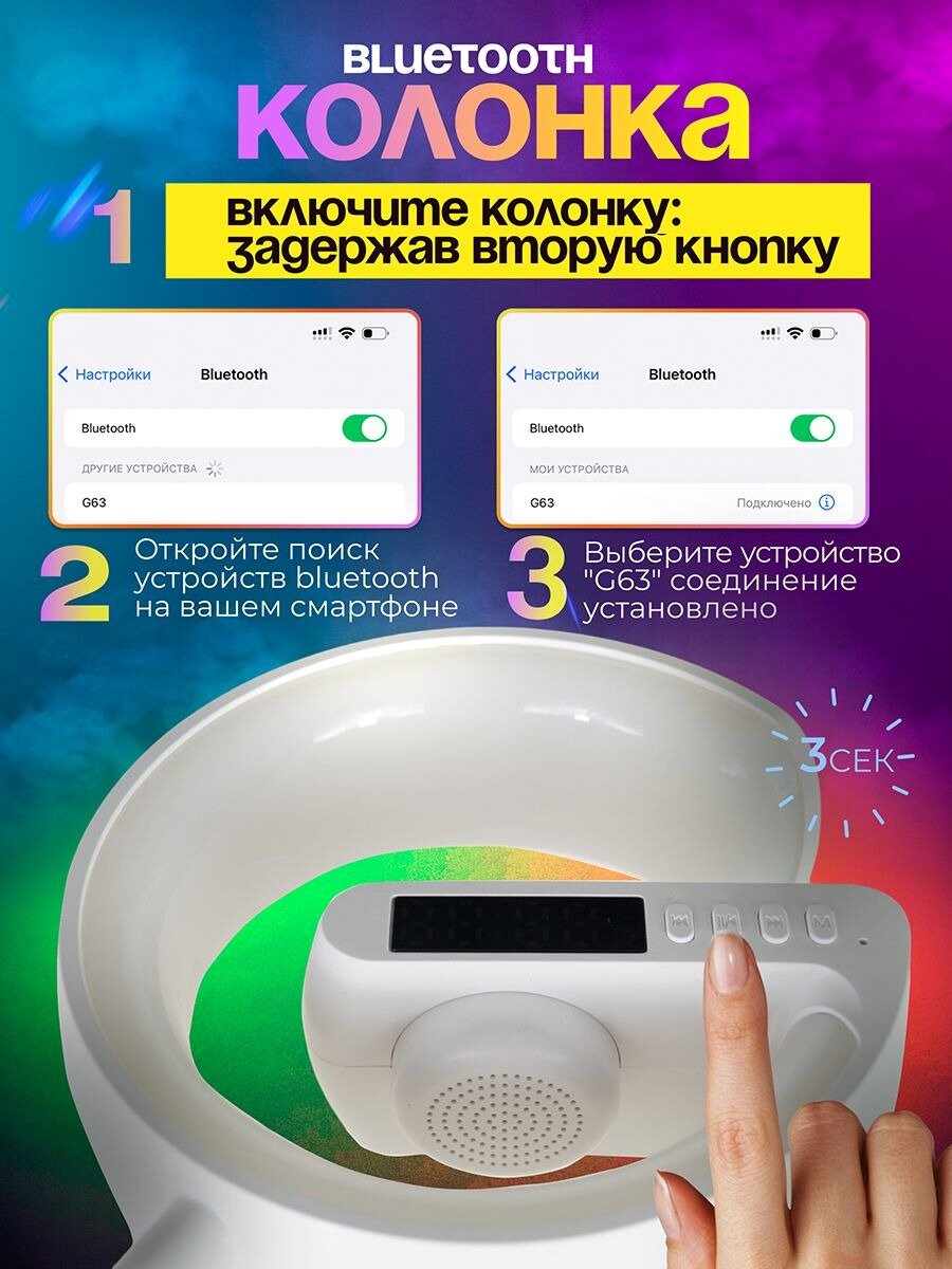 Многофункциональный умный декоративный портативный светильник, ночник BLUETOOTH, музыкальная колонка, Беспроводная зарядка для iphone и android, white — фото 1