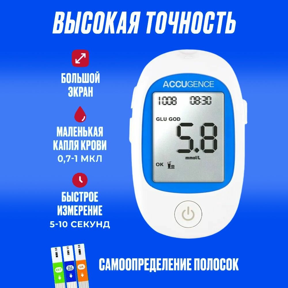 Глюкометры И Анализаторы Крови Глюкометр (кетометр)4в1 AccuGence(PM900)+50 тест полосок+10 ланцетов