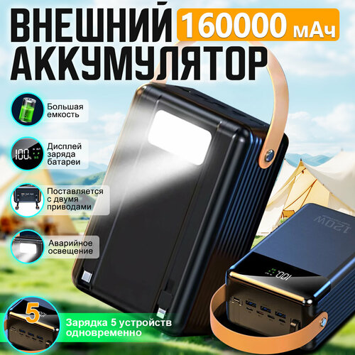 Портативный аккумулятор 160000мАч беспроводная зарядка влагозащита черный 5940₽