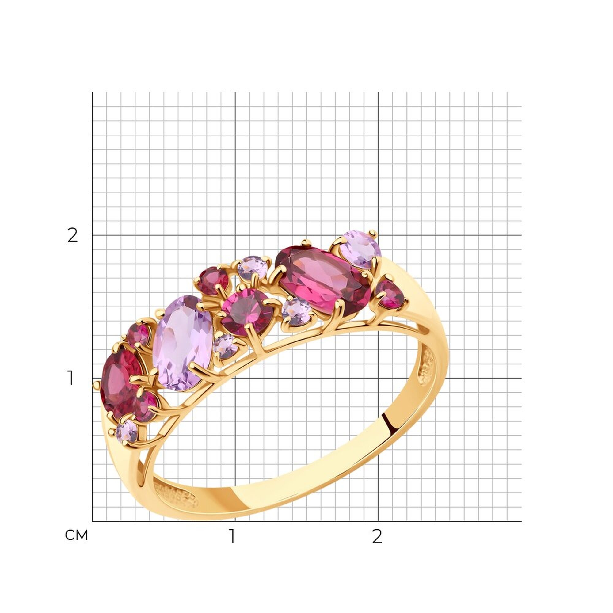 Кольцо Diamant online, красное золото, 585 проба, родолит, аметист, размер 18.5, микс — фото 1