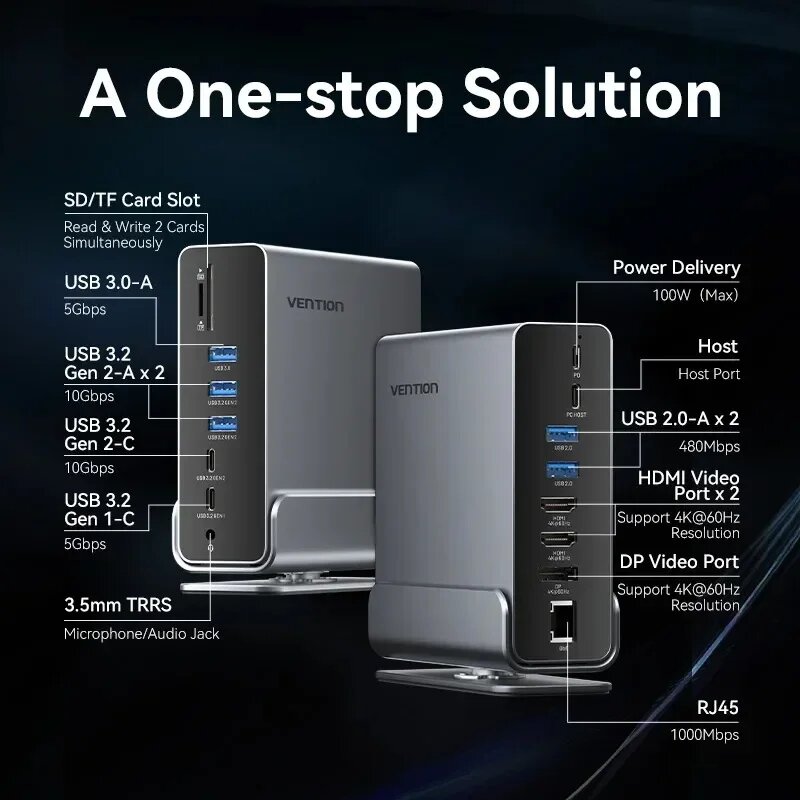 Концентраторы Vention 16-в-1 USB C, 10 Гбит/с, RJ45, 4K, 60 Гц, многопортовая док-станция USB 3.2–HDMI для ноутбуков, PD 100 Вт, разветвитель для настольных ПК, 16-In-1 Docking Stat