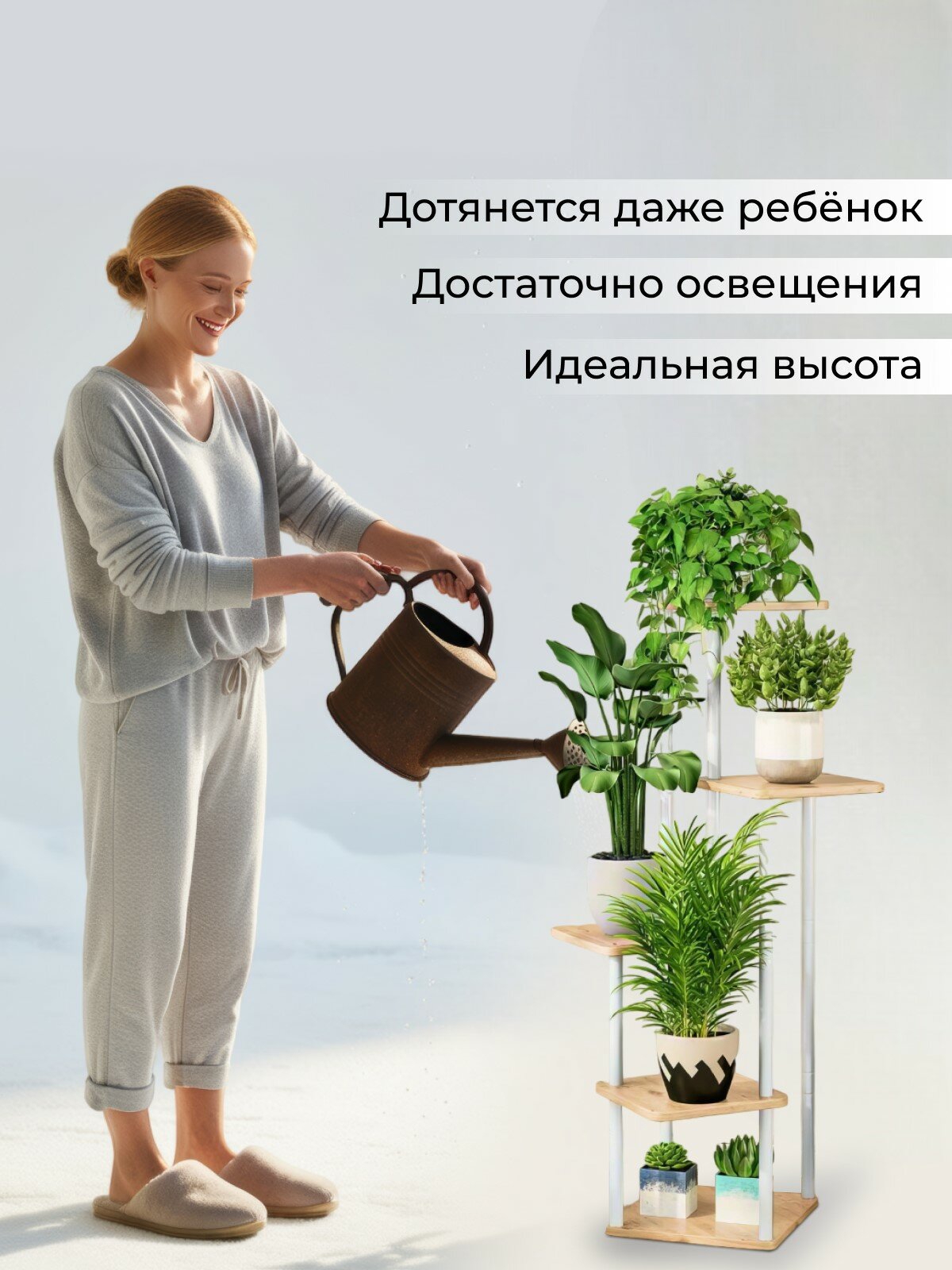 Подставка для цветов ROMBILUX, металлическая, деревянная, напольная, молочно-белая, 104 см — фото 1