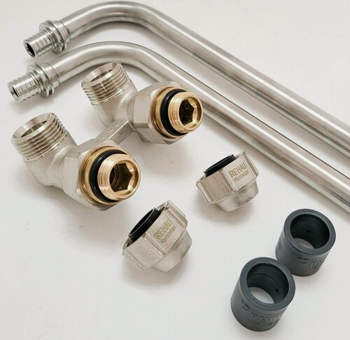 Изображение товара Трубка для подключения радиатора Г-образная Rehau Rautitan 16/250 мм с узлом нижнего подключения угловым G1/2"*3/4"евроконусами G3/4"- 15*1 гильзами 16 мм