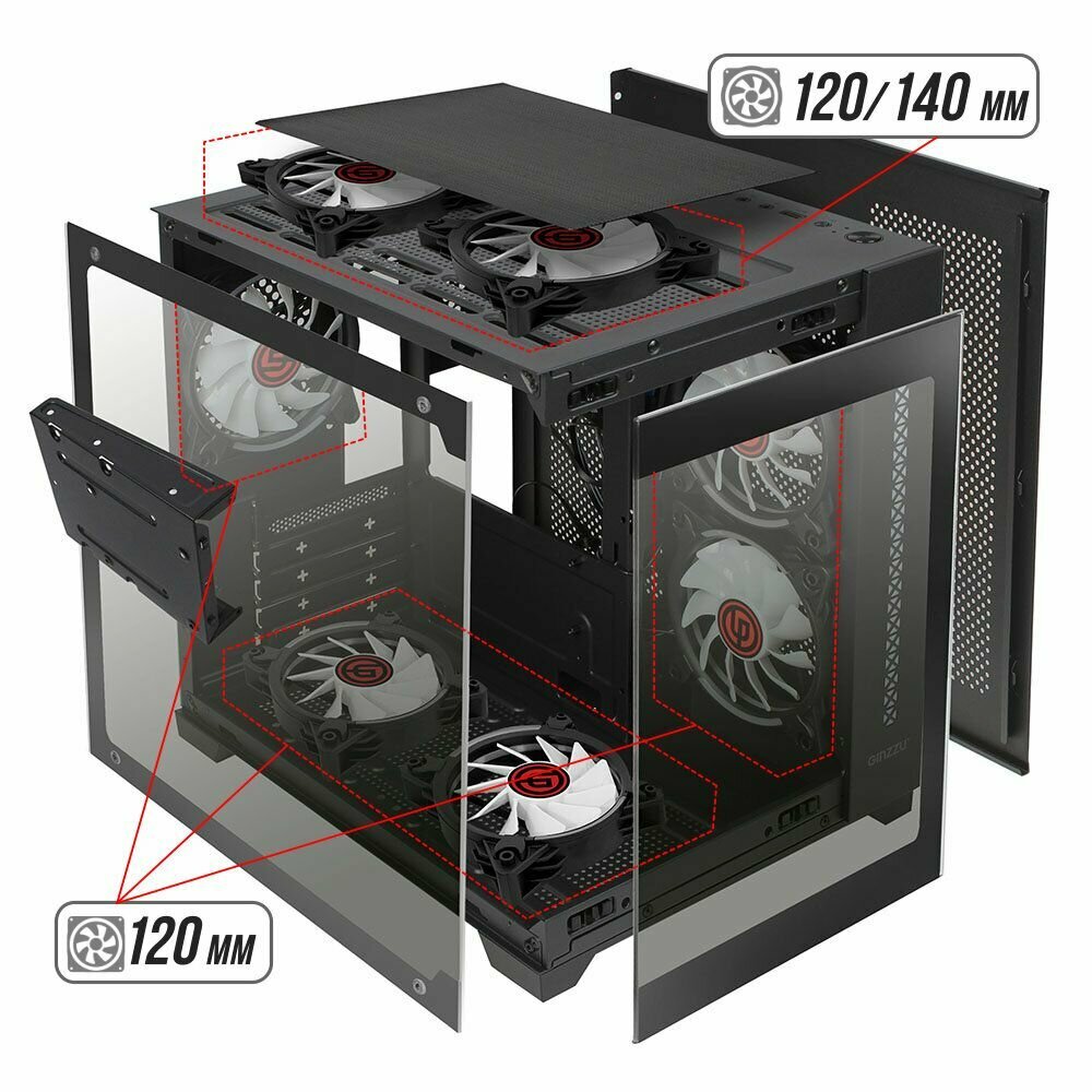Корпус Ginzzu V320 mATX кубик, закаленное стекло, RGB подсветка — фото 1