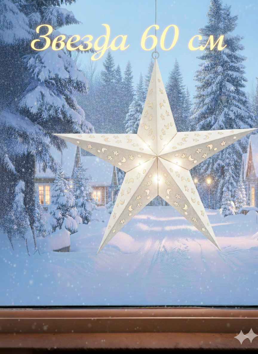 Звезда бумажная сборная с подсветкой/ декор для дома/ подвесная звезда/ светящаяся звезда/ (белая)