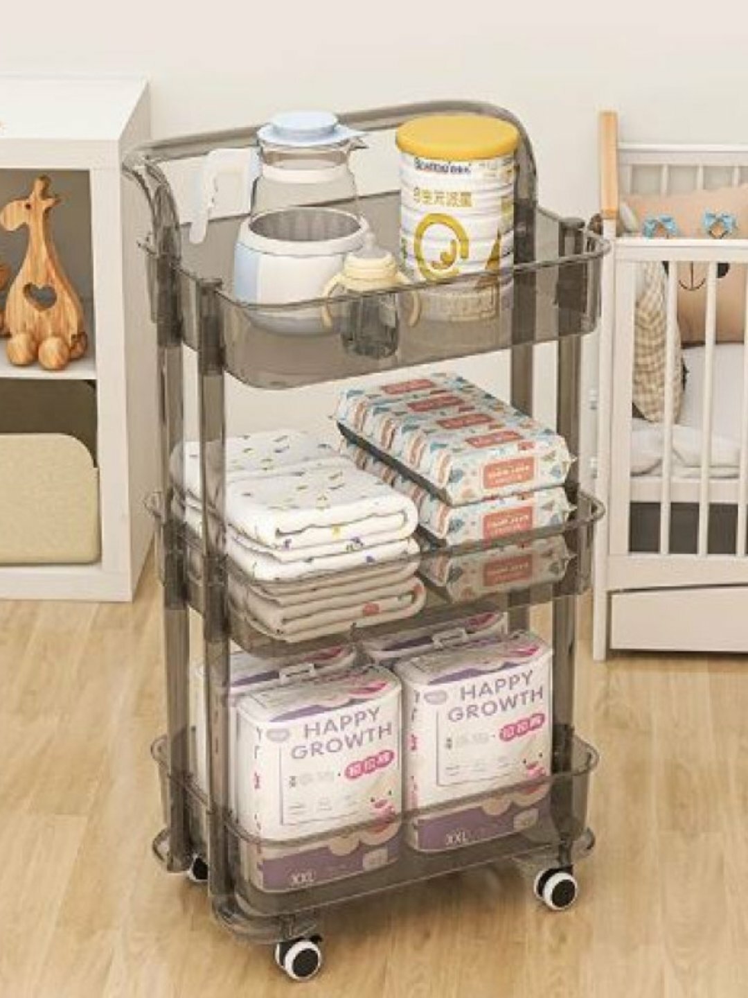 Прозрачная 3-уровневая этажерка на колёсах – прочная пластиковая тележка-органайзер