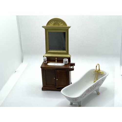фото Кукольная мебель керамическая ванна + тумба с раковиной + зеркало для кукольного домика миниатюрная мебель. нет бренда