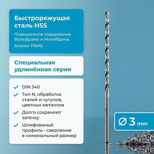 Сверло по металлу 3 мм NORGAU Industrial HSS удлинённое, шлифованный профиль, с центрирующей подточкой перемычки, правое, DIN 340