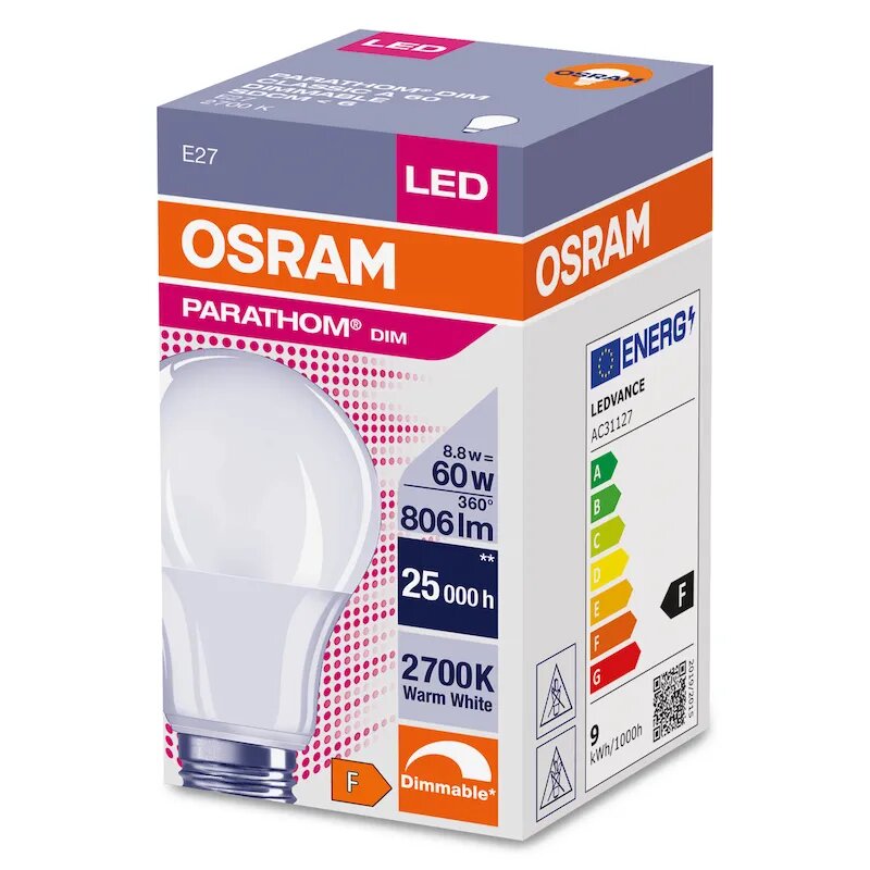 Лампочка светодиодная OSRAM Груша A E27 88Вт 220В 806Лм 2700К Теплый белый Диммируемая упаковка 1шт