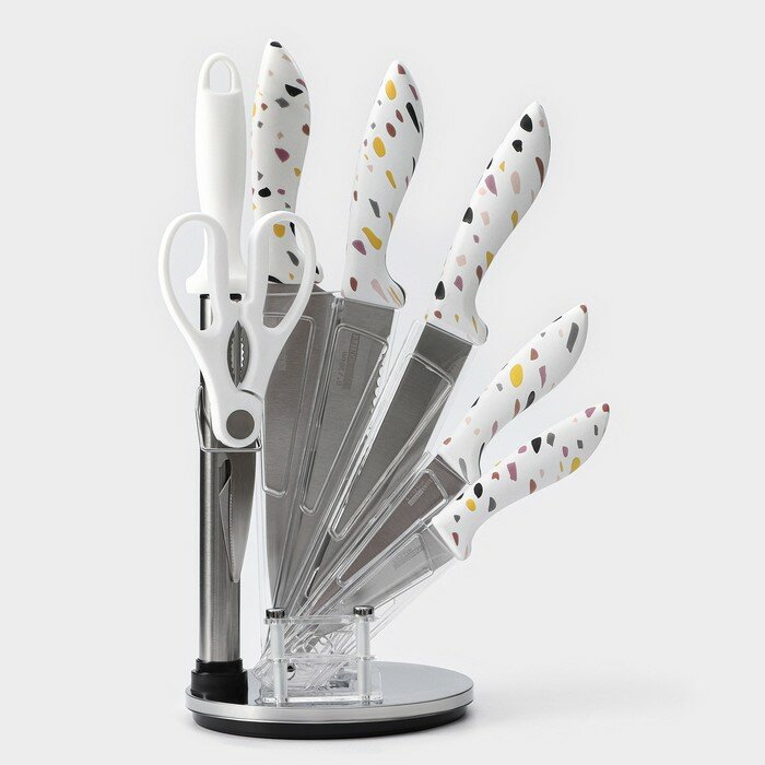 Доляна Набор ножей кухонных на подставке Доляна Sparkle, 7 предметов: 5 ножей, мусат и ножницы