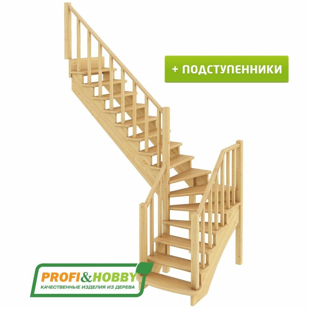 Деревянная лестница на второй этаж из массива сосны К-021м "Левая" с подступенниками