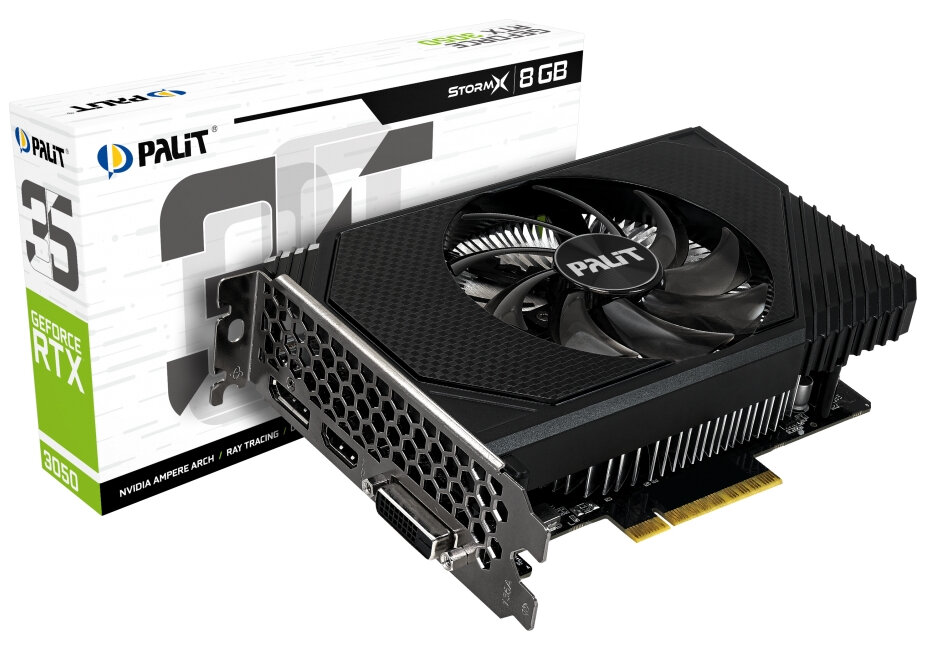 Видеокарта Palit PCI-E 4.0 PA-RTX3050 STORMX NVIDIA GeForce RTX 3050 8192Mb 128 GDDR6 1552/14000 HDMIx1 DPx3 HDCP Ret NE63050018P1-1070F