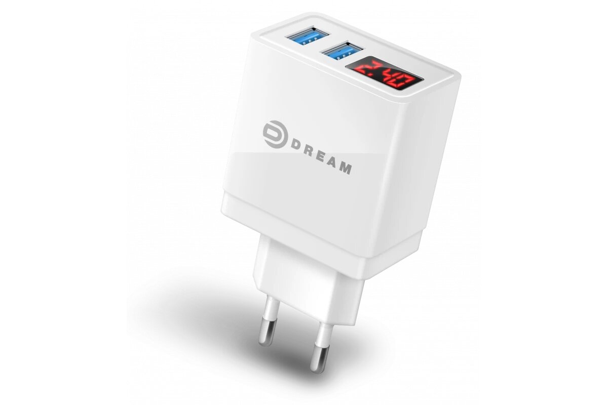 Сетевое зарядное устройство DREAM A61, 2xUSB, 2.4 А, дисплей, белое