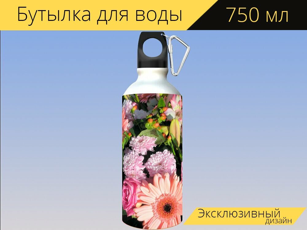 Бутылка фляга для воды "Букет цветов, цветочные композиции, цветок" 750 мл. с карабином и принтом