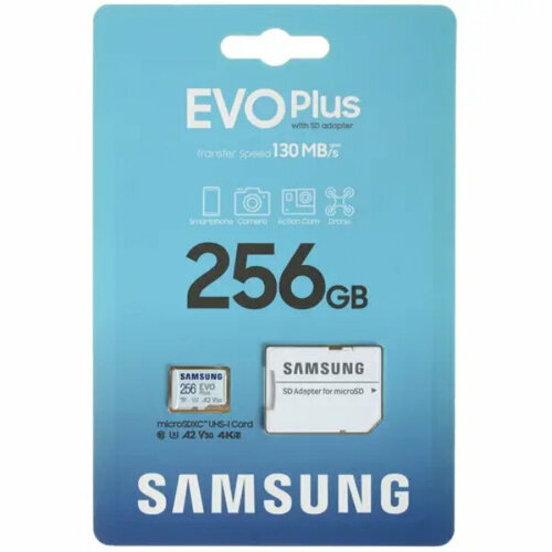 Память MicroSDXC 256Gb Samsung EVO Plus (MB-MC256KA) UHS-I U3 Class 10, Adapter, 130 MB/s RTL карта памяти samsung evo plus microsdxc 256gb mb mc256ka
