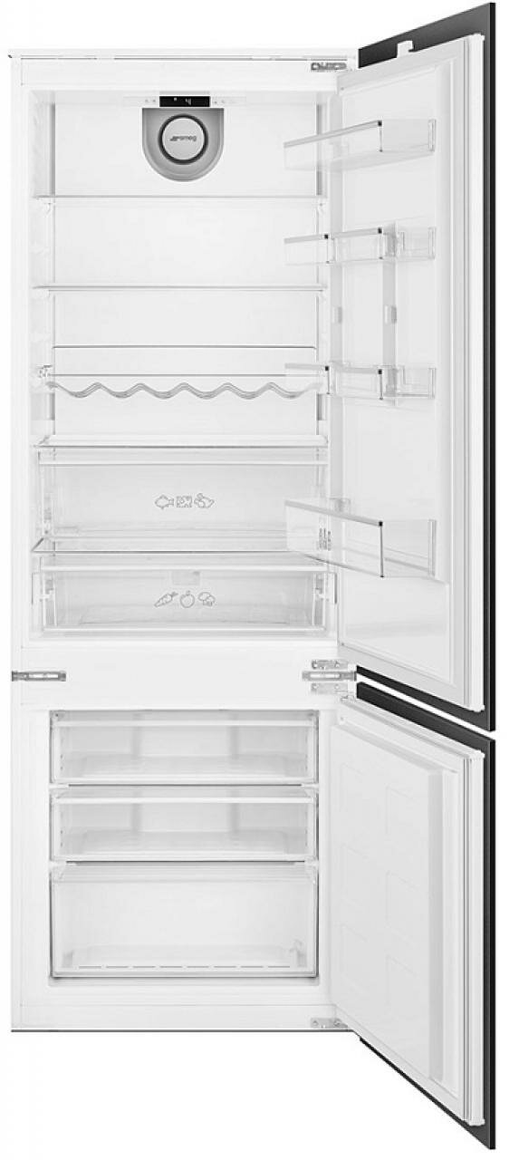 Встраиваемый холодильник Smeg скользящие направляющие,перенавешиваемая дверь,энергоэффективность Е,цвет белый/хром