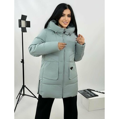 фото  куртка зимняя, средней длины, силуэт прямой, капюшон, карманы, размер 52, голубой diffberd