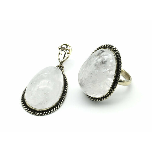 фото Комплект бижутерии: кольцо, горный хрусталь, размер кольца 18, белый, бесцветный кулон и кольцо с горным хрусталем "капля", размер-18.