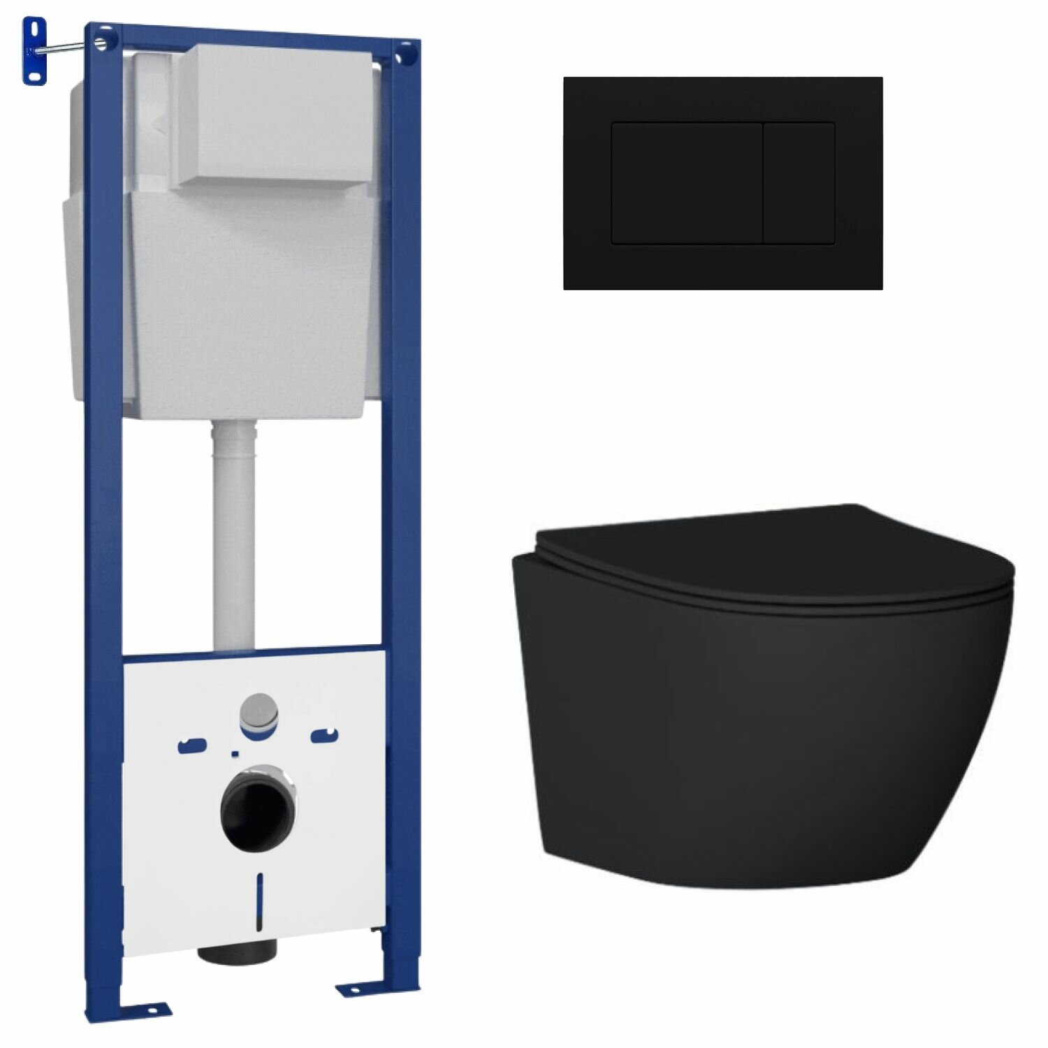 фото Готовое решение: инсталляция с кнопкой и шумоизоляцией Berges Wasserhaus, безободковый черный унитаз Helmken 35103001B, быстросъемное плавное сиденье