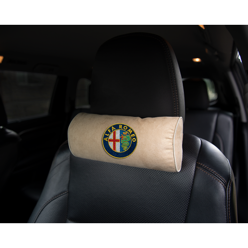 Автомобильная подушка-валик на подголовник алькантара Beige c вышивкой ALFA ROMEO