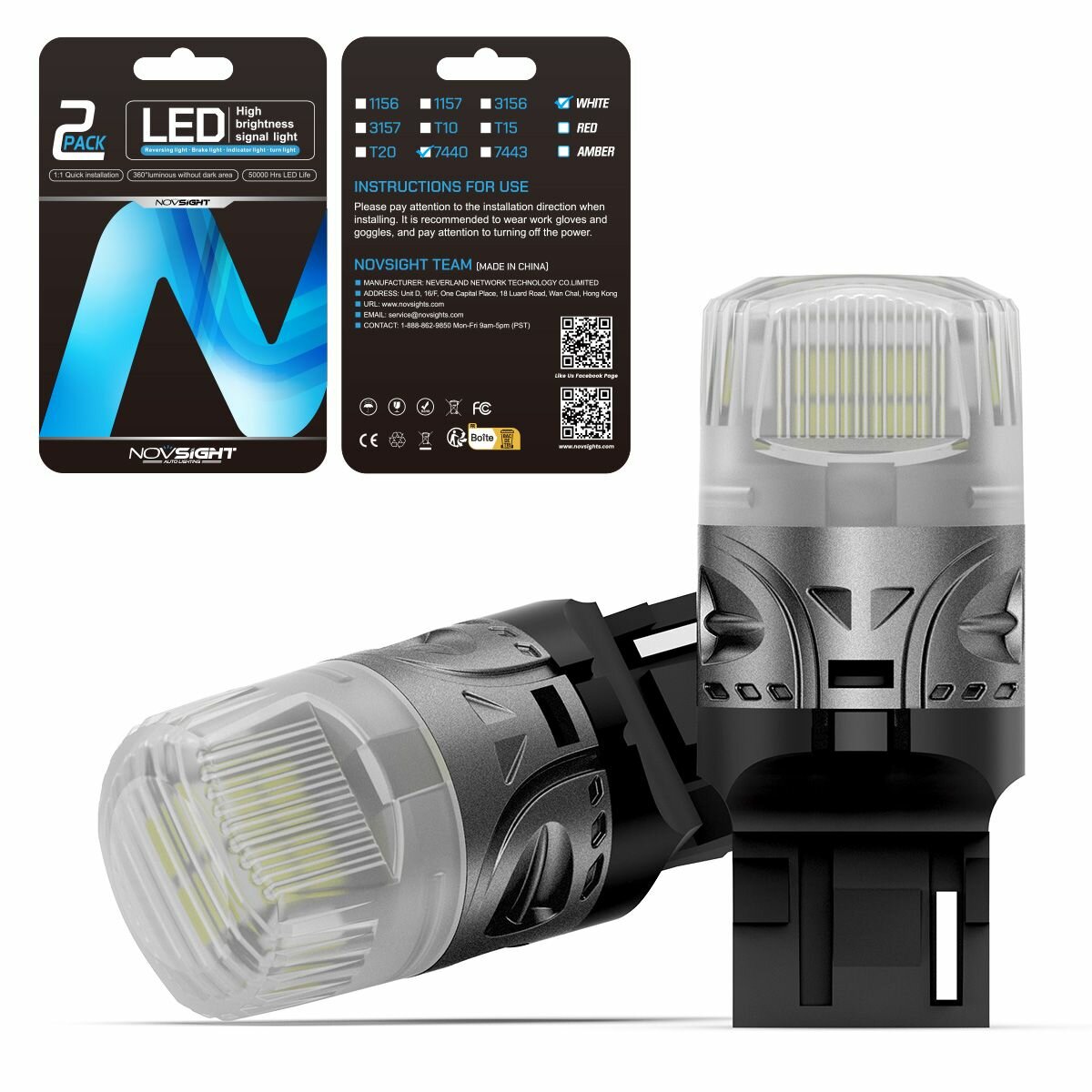 Светодиодная лампа Novsight SL9 цоколь T20 7440 W21W одноконтактная белый свет 2шт LED автомобильная