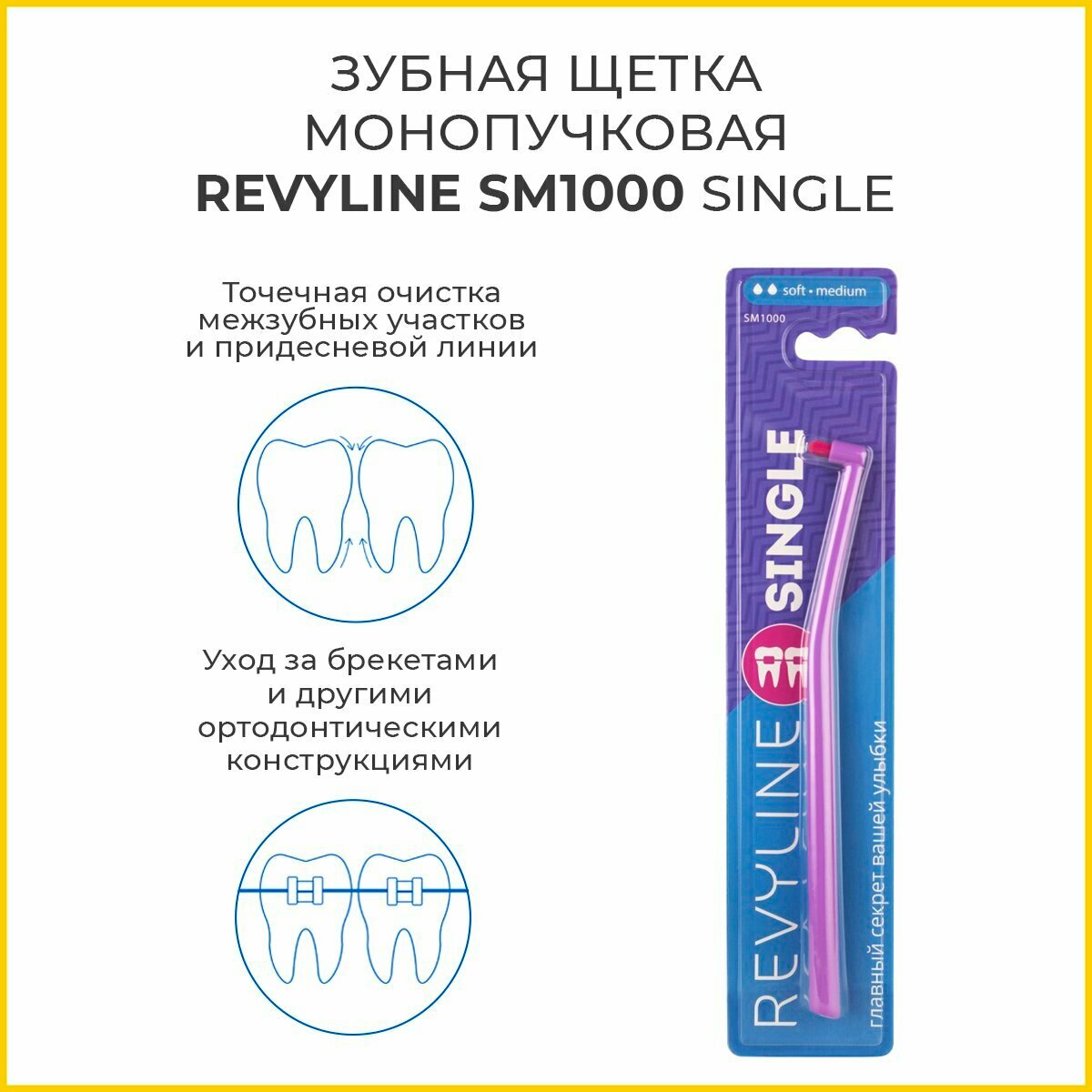 Зубная щетка Revyline SM1000, монопучковая для брекетов и имплантов, фиолетовая/красная