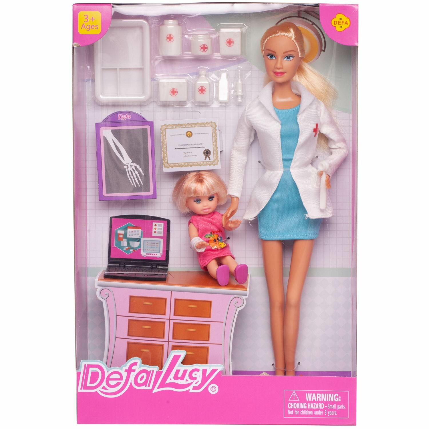 Игровой набор Кукла Defa Lucy Доктор (белый халат, голубое платье) с девочкой-малышкой на приеме, игровые предметы, 29 см 8348d/голубое