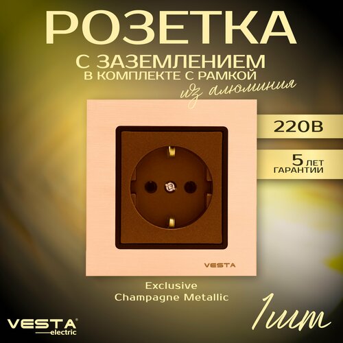 Розетка Vesta-Electric Exclusive Champagne Metallic одинарная с заземлением