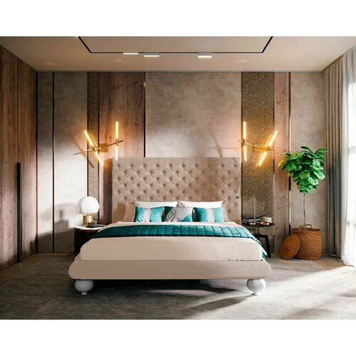 Двуспальная кровать 160x200, Grande Letto, с мягким изголовьем, с ящиком, велюр, бежевый