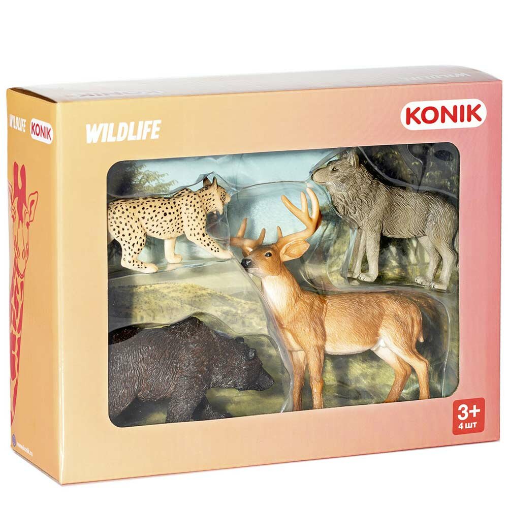 Konik Набор фигурок Лесные животные: медведь, олень, рысь, волк Konik AMW2127