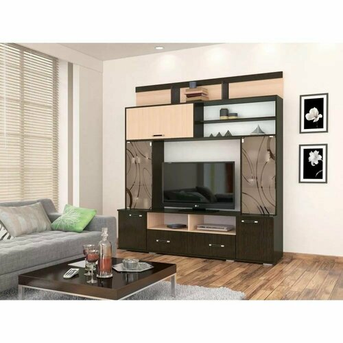 Гостиная Оскар-18 ОГЦС-2 Венге ЦавоДуб молочный ЛДСП с открытыми и закрытыми полками ящиком нишей под ТВ 2100х1900х430 тэкс 16750₽