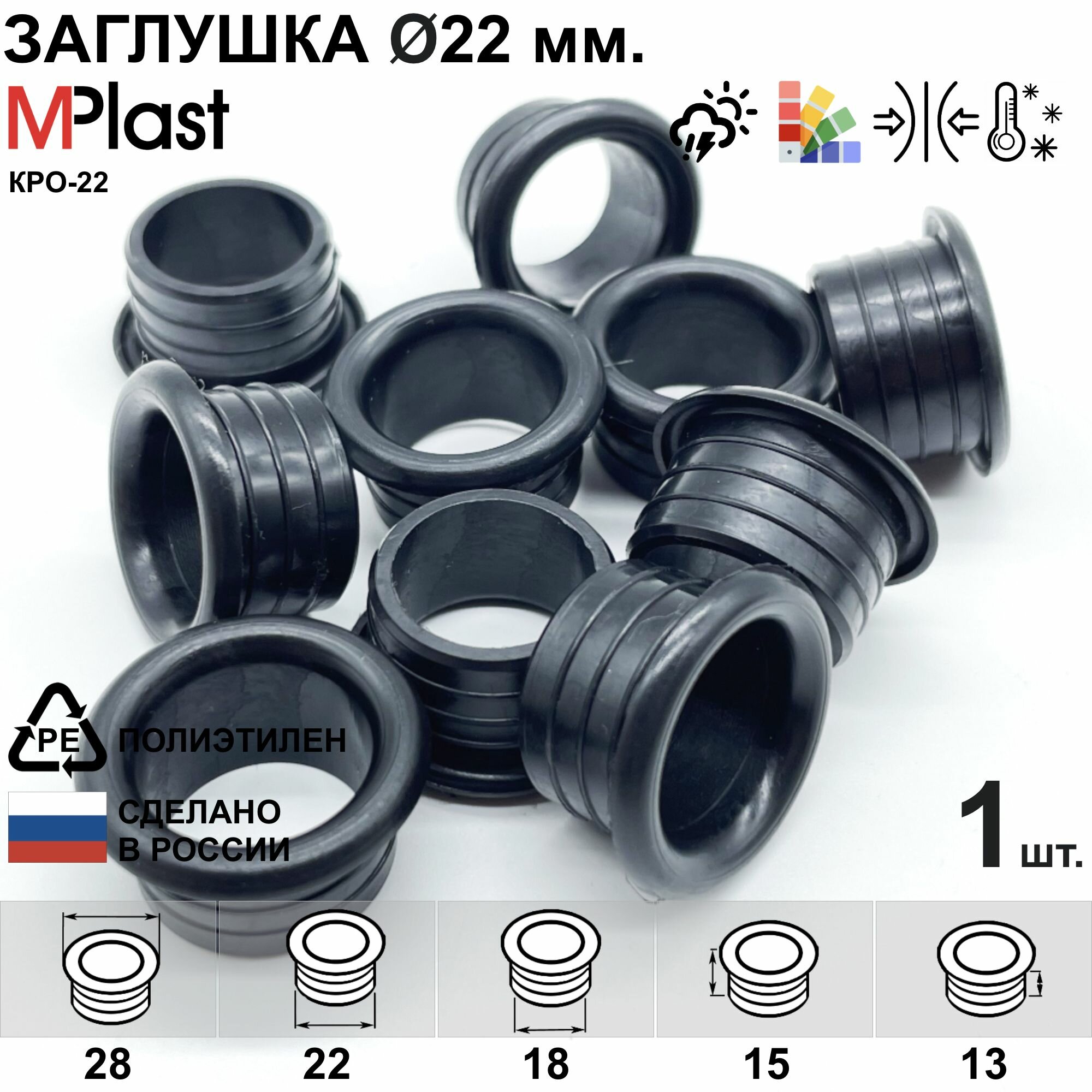 фото Заглушка круглая 22 мм, с отверстием для кабеля, декоративная, для труб и профилей, пластиковая, мебельная, черная, 1 шт.