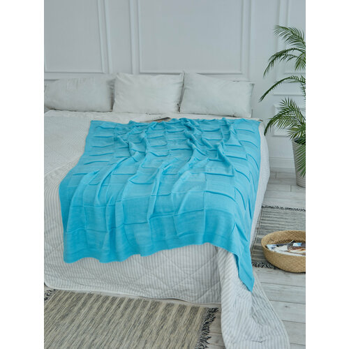 Плед-покрывало вязаный на 1.5-спальную кровать хлопковый , плед на диван взрослый AlmaForHome ByRoyalDream 140х215 см / ярко голубой, размер 1.5, спальный