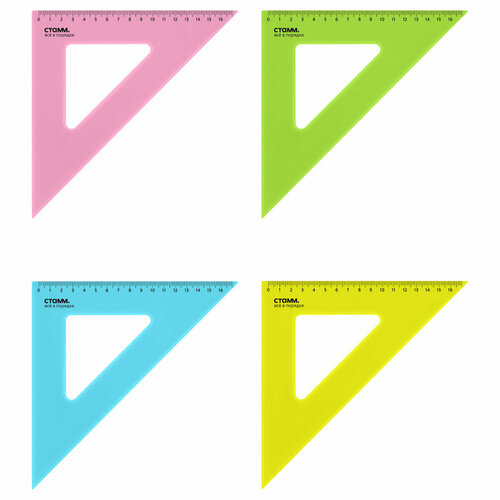 Треугольник 45°, 16см СТАММ, пластиковый, прозрачный, неоновые цвета, ассорти, 20 штук треугольник 30° 16см стамм пластиковый с транспортиром прозрачный неоновые цвета ассорти