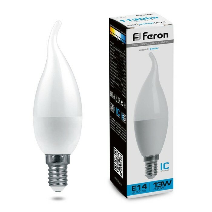 FERON Лампа светодиодная FERON, (13W) 230V E14 6400K С37T, LB-970